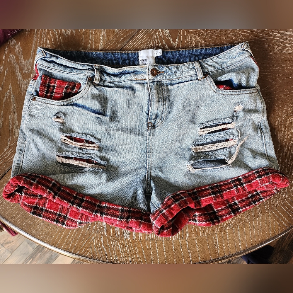 Asos Curve denim shorts, red plaid detail, 14